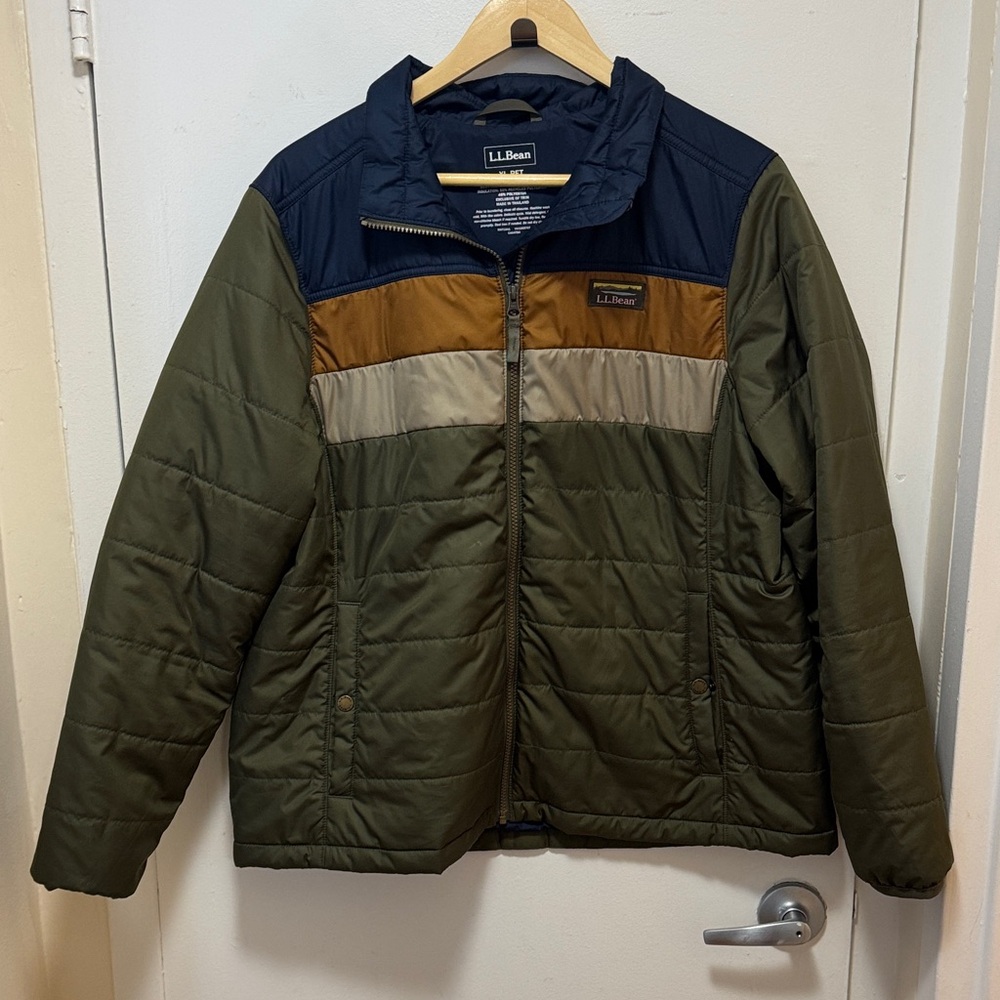 L.L. Bean Olive and Navy Puffer Jacket with Tan Accents